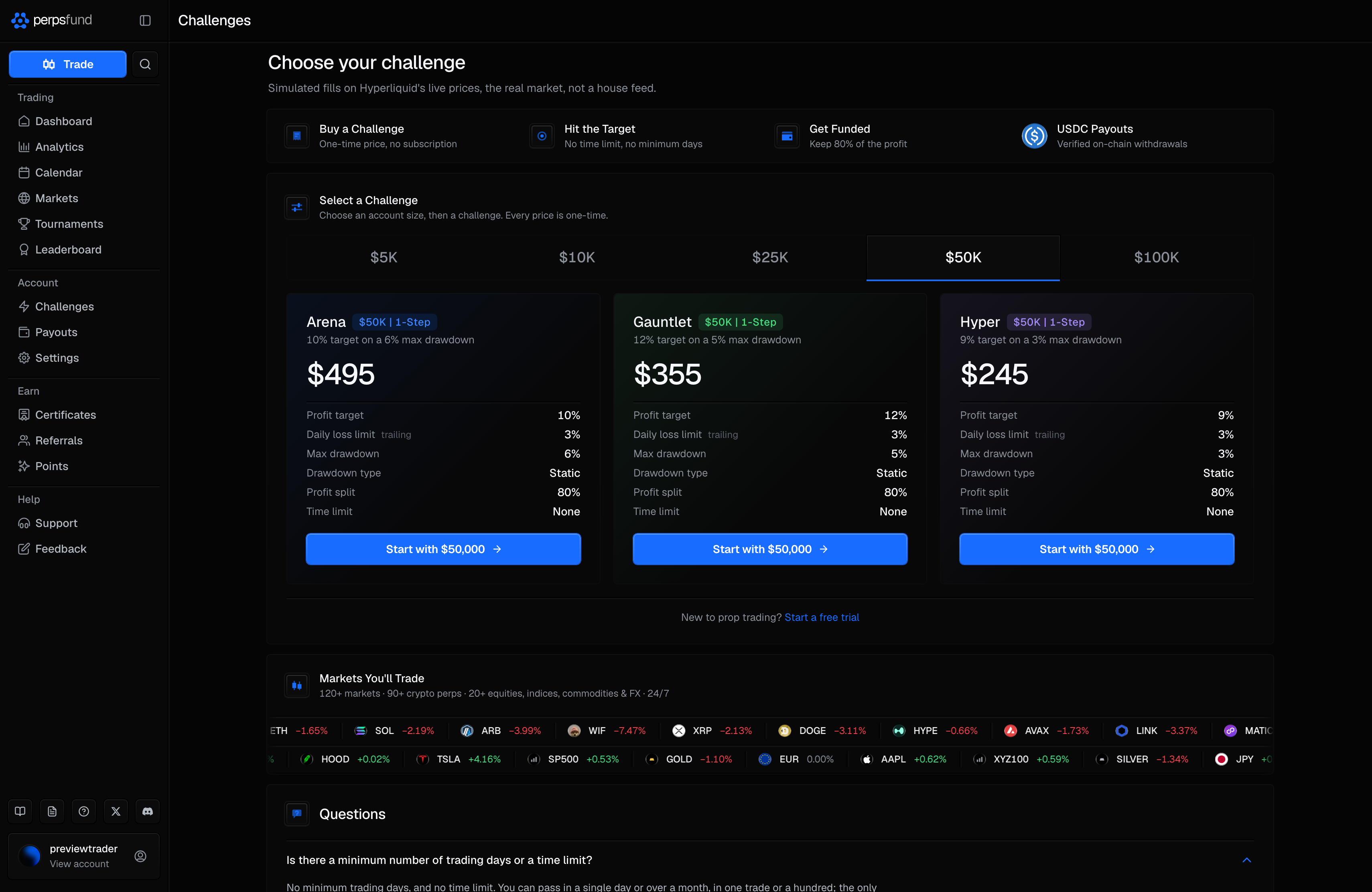 The Challenges page: the four steps across the top, then the selection panel with the account-size tabs, the three challenge cards and their six terms, and the markets band below.