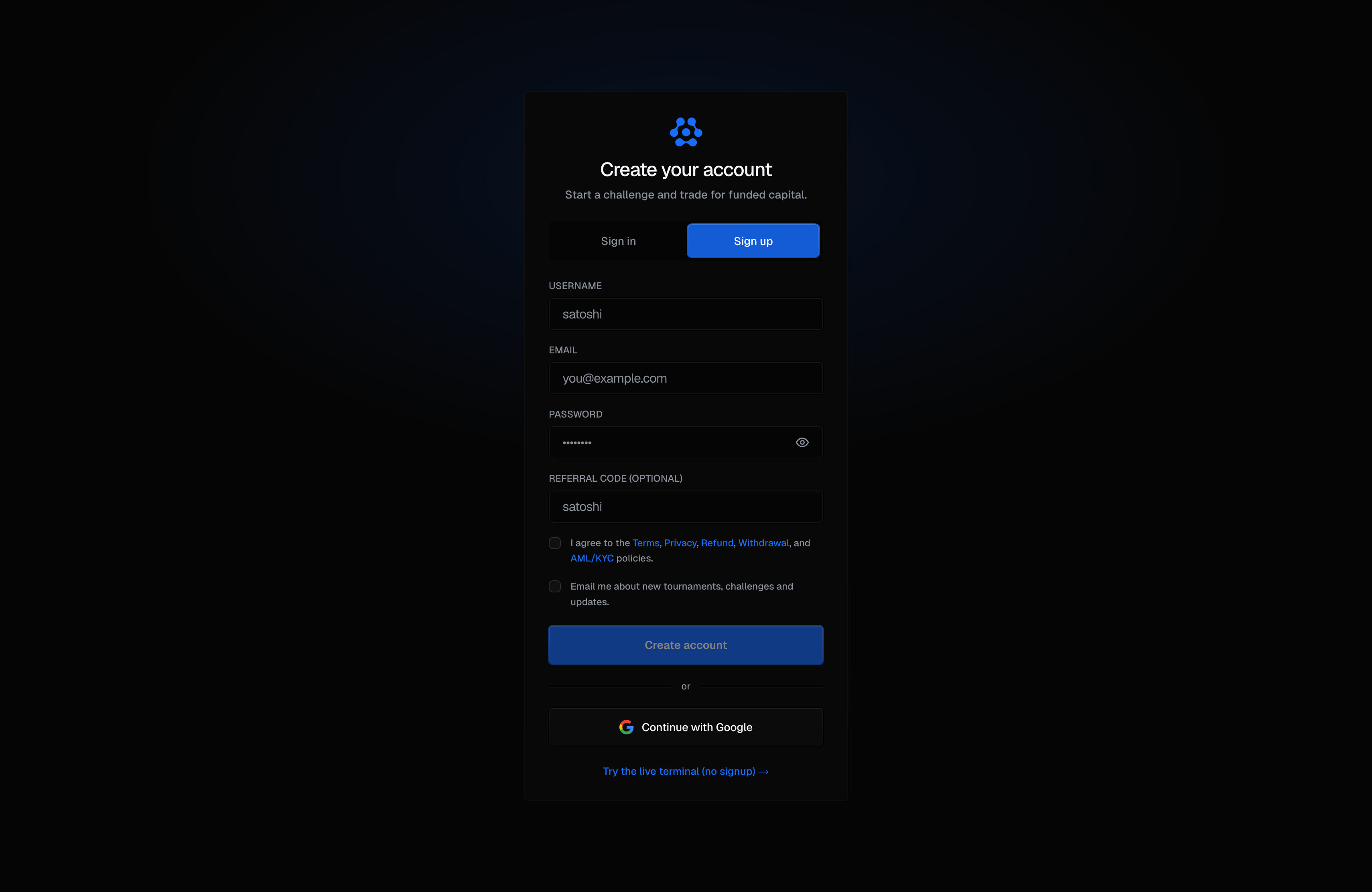 The Sign up tab of the sign-up page on desktop: Username, Email, Password, Referral code (optional), the policies checkbox, the unticked email-updates checkbox, the Create account button, and Continue with Google below where it is enabled.