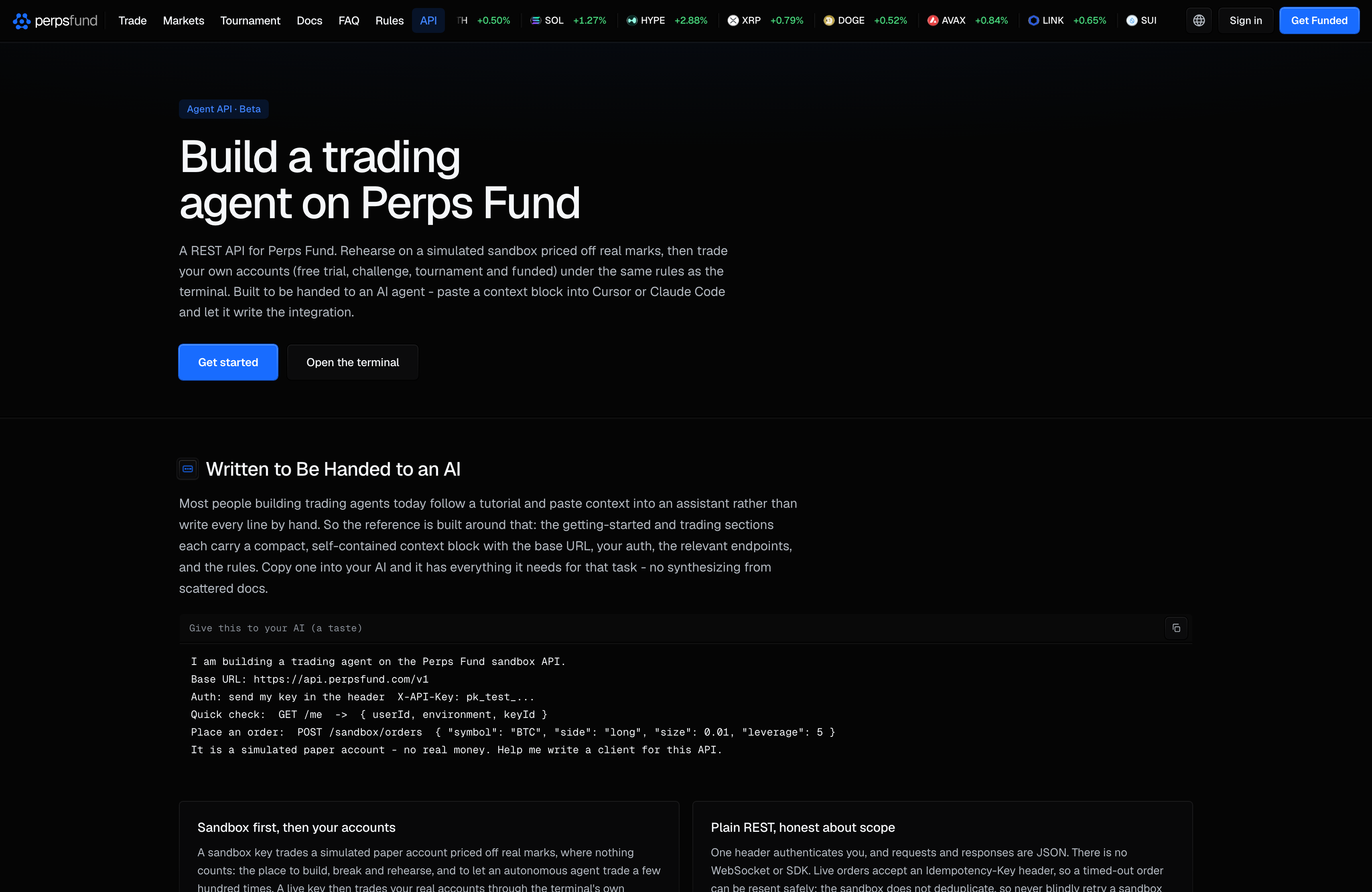 The public developer page, signed out: the Agent API - Beta chip, the heading Build a trading agent on Perps Fund, the lead paragraph, Get started and Open the terminal, and below them the section Written to Be Handed to an AI with the sample block titled Give this to your AI (a taste) and its copy icon.