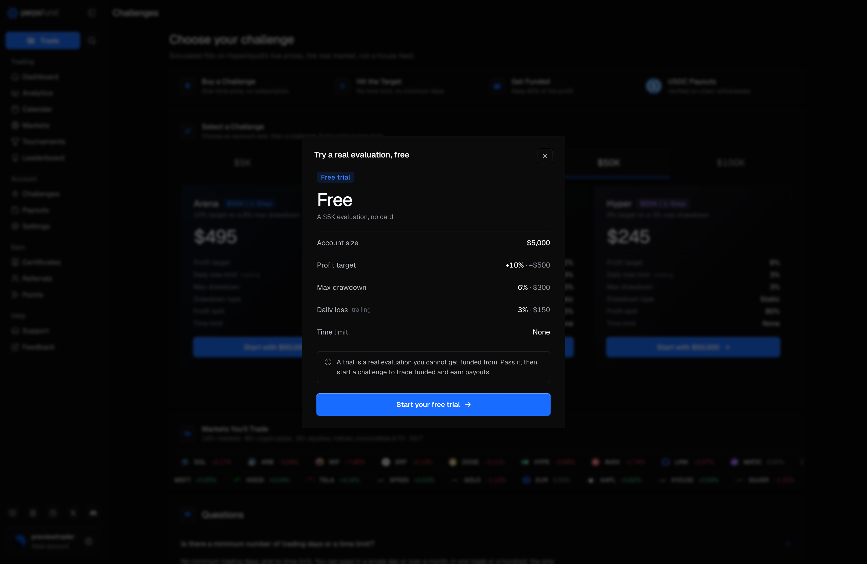 The free trial on the Challenges page: a dialog over the challenge cards, holding the offer with its account size, profit target, max drawdown, daily loss and time limit, and the Start your free trial button.
