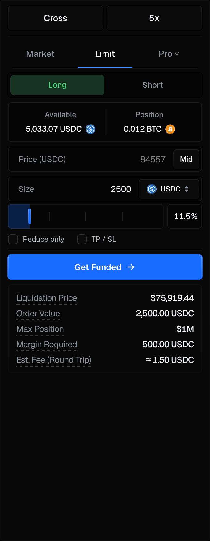 The desktop order ticket on a Limit order: the Cross and leverage chips, the Market, Limit and Pro tabs, Long and Short, the Available and Position boxes, the price and size fields with the size slider, the Reduce only and TP / SL checkboxes, and the cost card with Liquidation Price, Order Value, Max Position, Margin Required and Est. Fee (Round Trip).