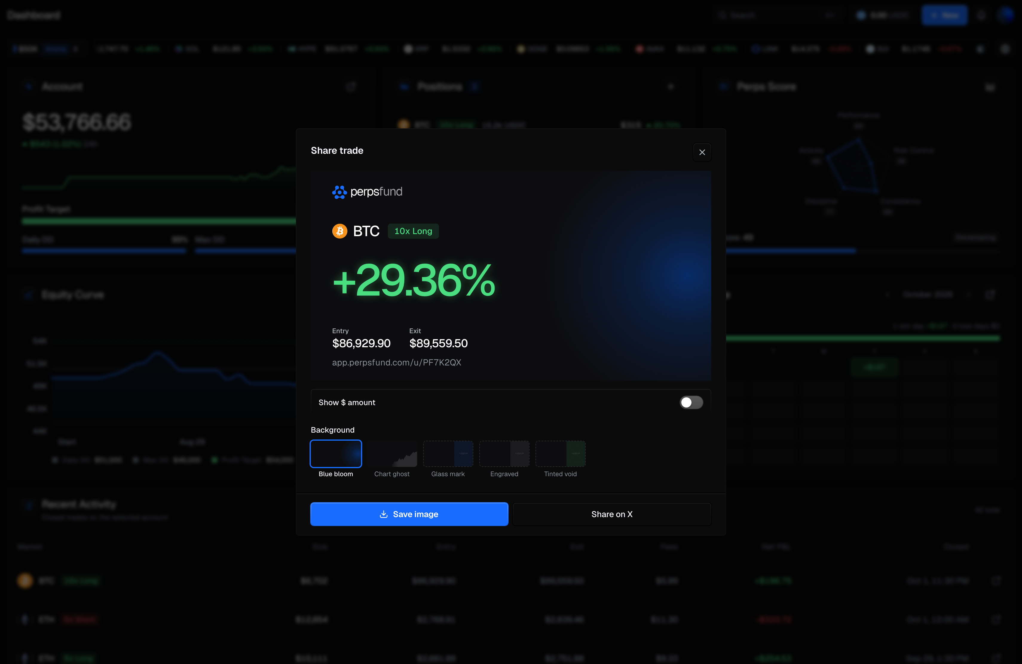 The Share trade modal opened from a Recent Activity row: the trade card preview with the market, side, leverage, return and the Entry and Exit prices, the Show $ amount switch, the Background row with Blue bloom selected, and the Save image and Share on X buttons.