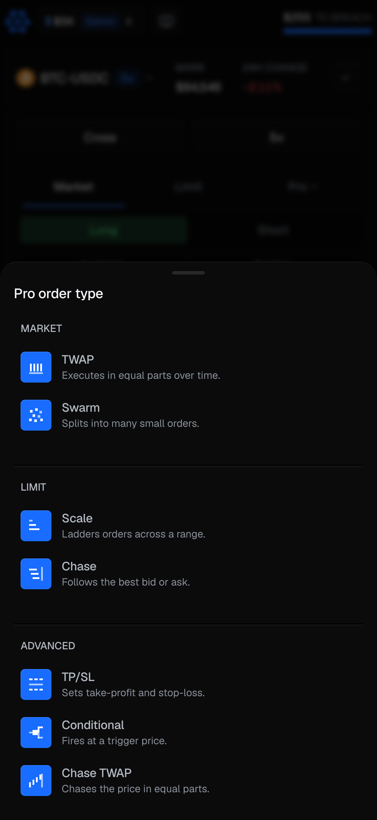 The phone terminal at 440 wide on the Trade tab with the Pro order type sheet open, listing TWAP and Swarm under Market, Scale and Chase under Limit, and TP/SL, Conditional and Chase TWAP under Advanced.
