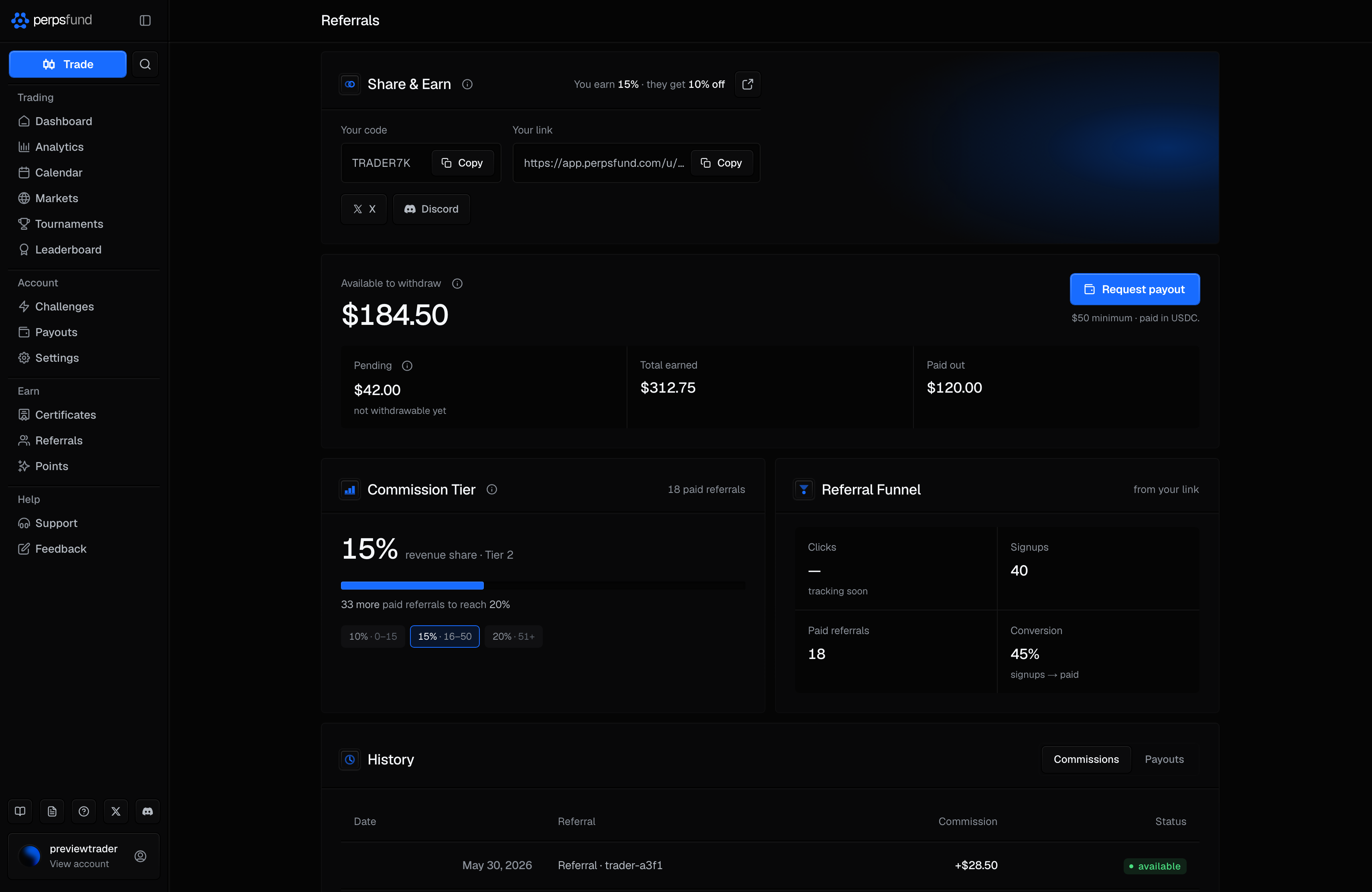 The Referrals page at desktop width, inside the app sidebar: Share & Earn with your code, your link and the X and Discord buttons, the earnings hero (Available to withdraw, Pending, Total earned, Paid out) with Request payout, then the commission tier and referral funnel cards.
