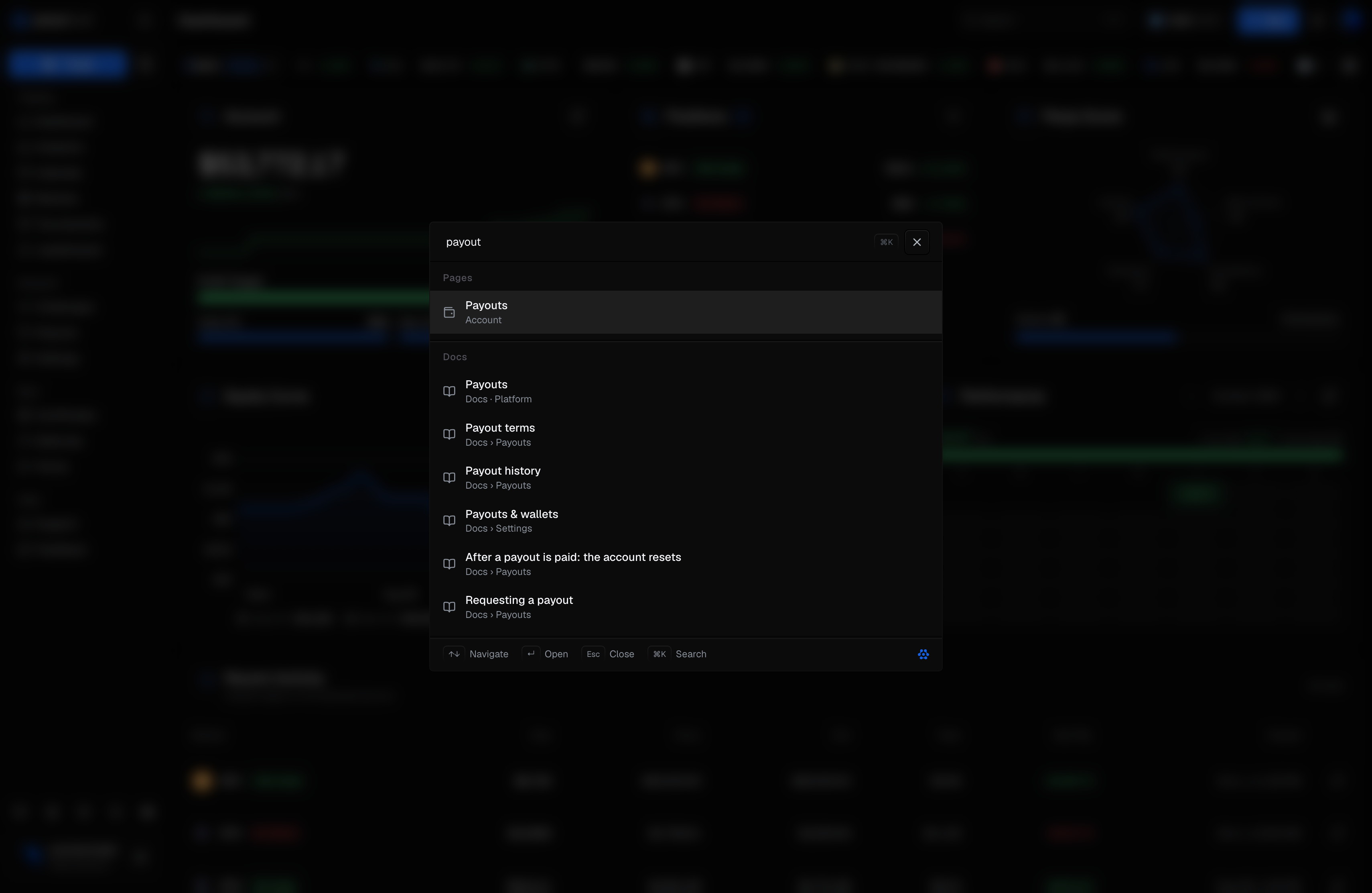 The search panel open over the desktop dashboard, with payout typed in the box and results grouped by kind, Pages first and Docs under it, each row showing a title and one context line, and the key hints along the bottom.