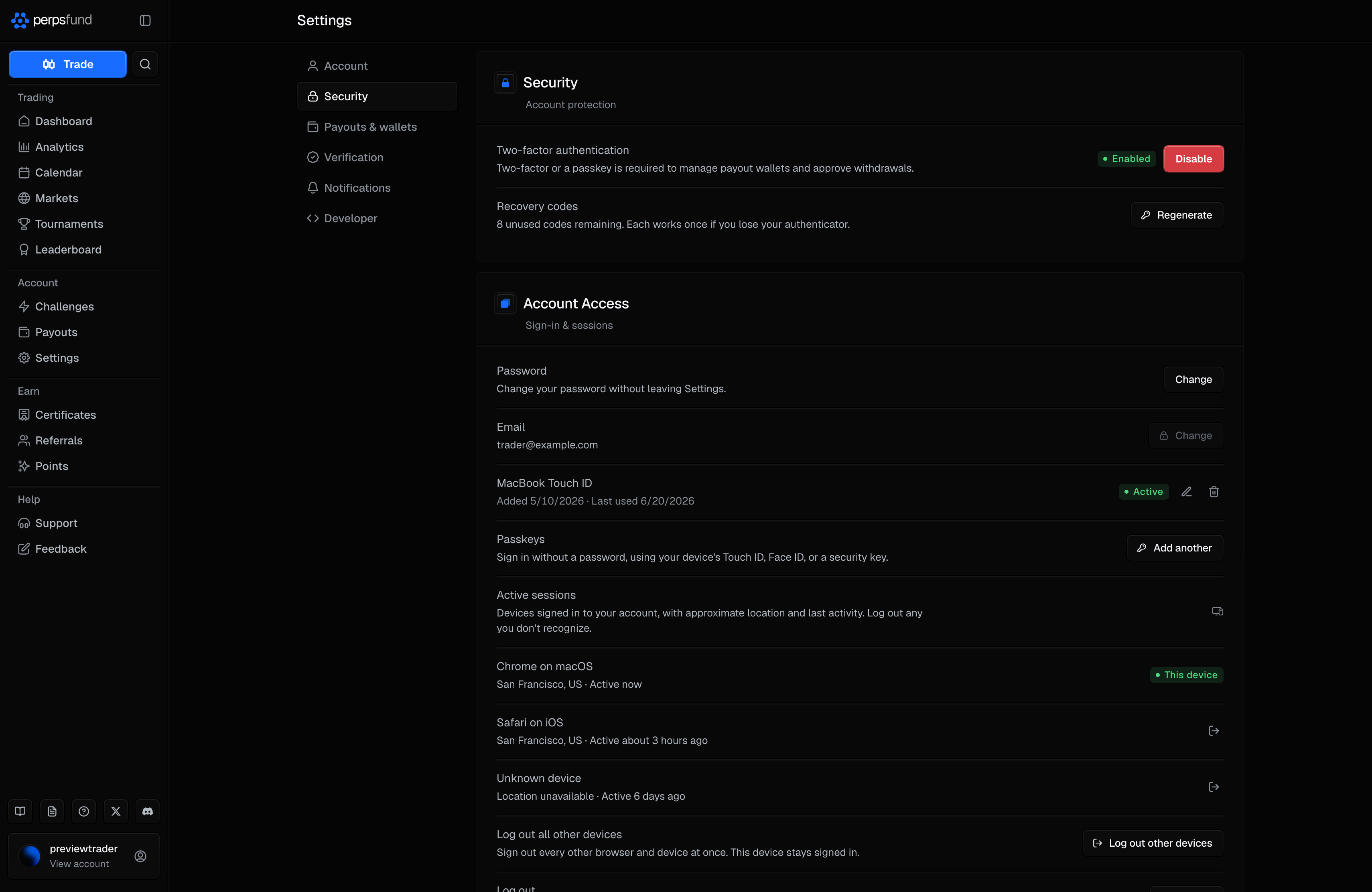 Settings, Security tab on desktop: the Security section with two-factor enabled and its recovery codes, and the Account Access section with Password, Email, Passkeys, and the signed-in devices list.