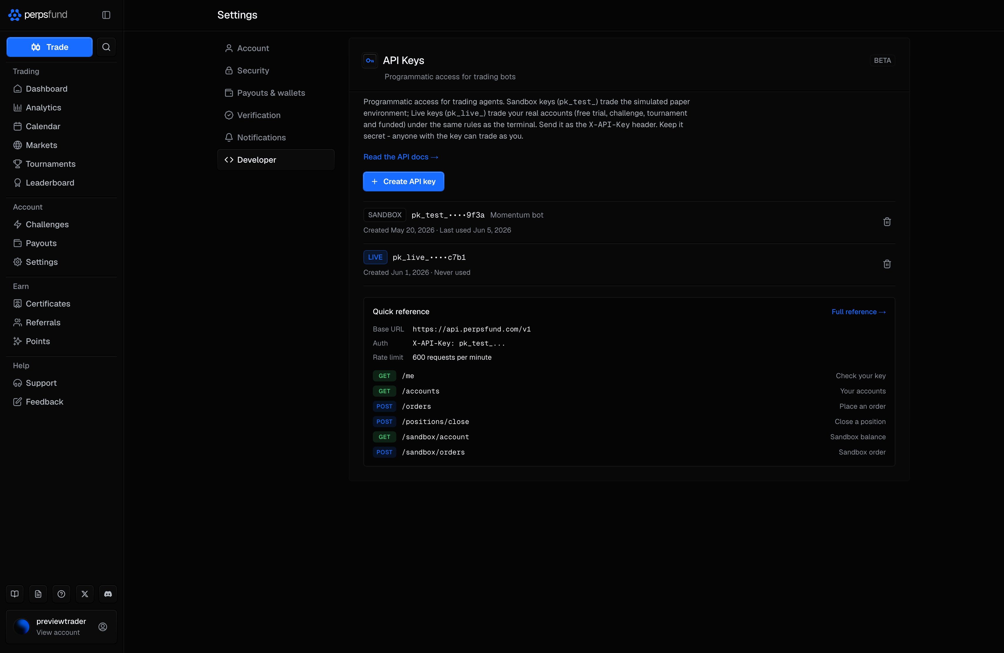 Settings, Developer tab on desktop: the API Keys section with its Beta tag, the Create API key button, a sandbox and a live key each shown by prefix and last four characters, and the quick reference with the base URL and rate limit.