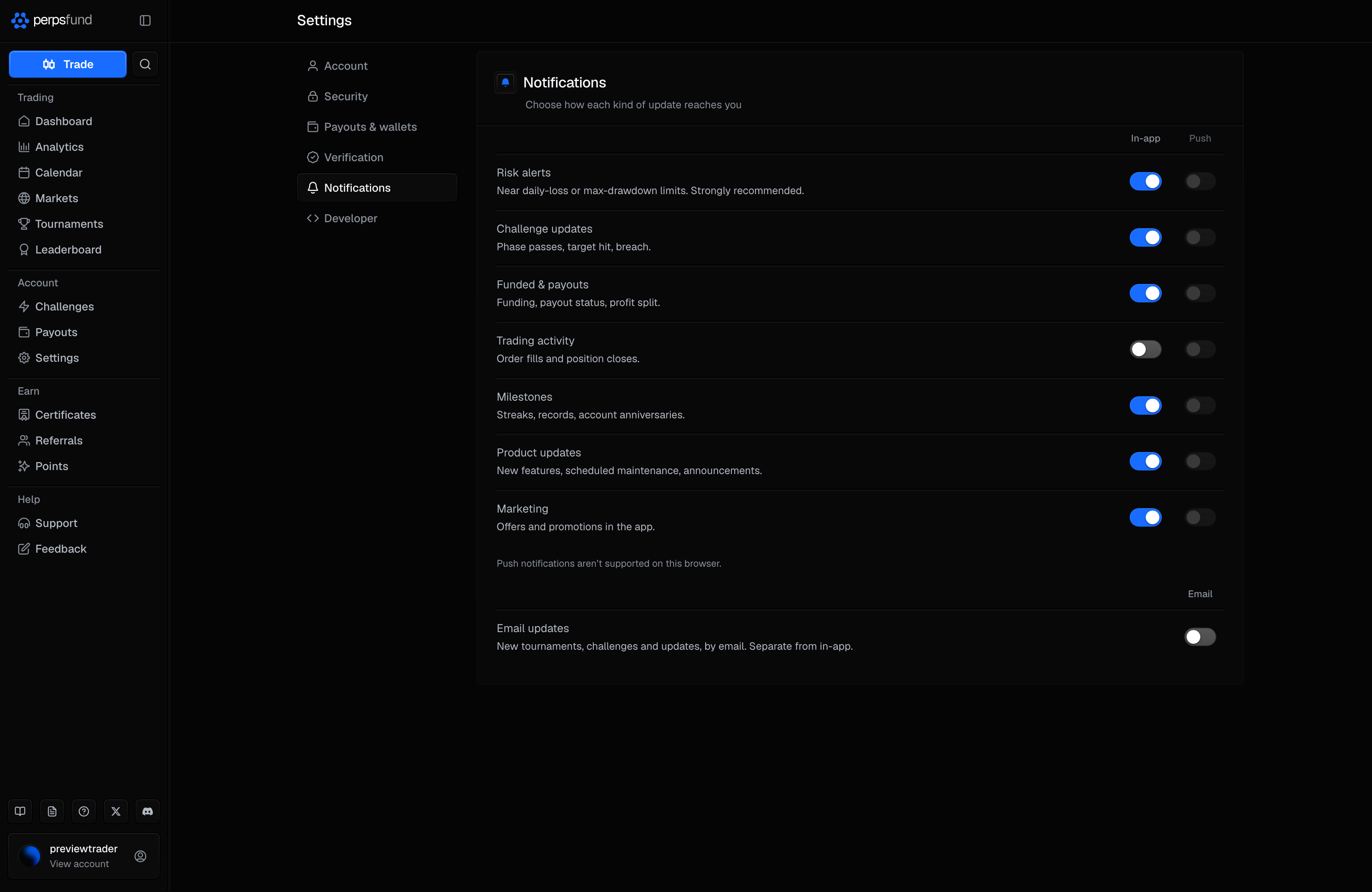 Settings, Notifications tab on desktop: the seven categories with their In-app and Push switches, the push line under the grid (shown on a browser that does not support push), and the separate Email updates switch below it, off.