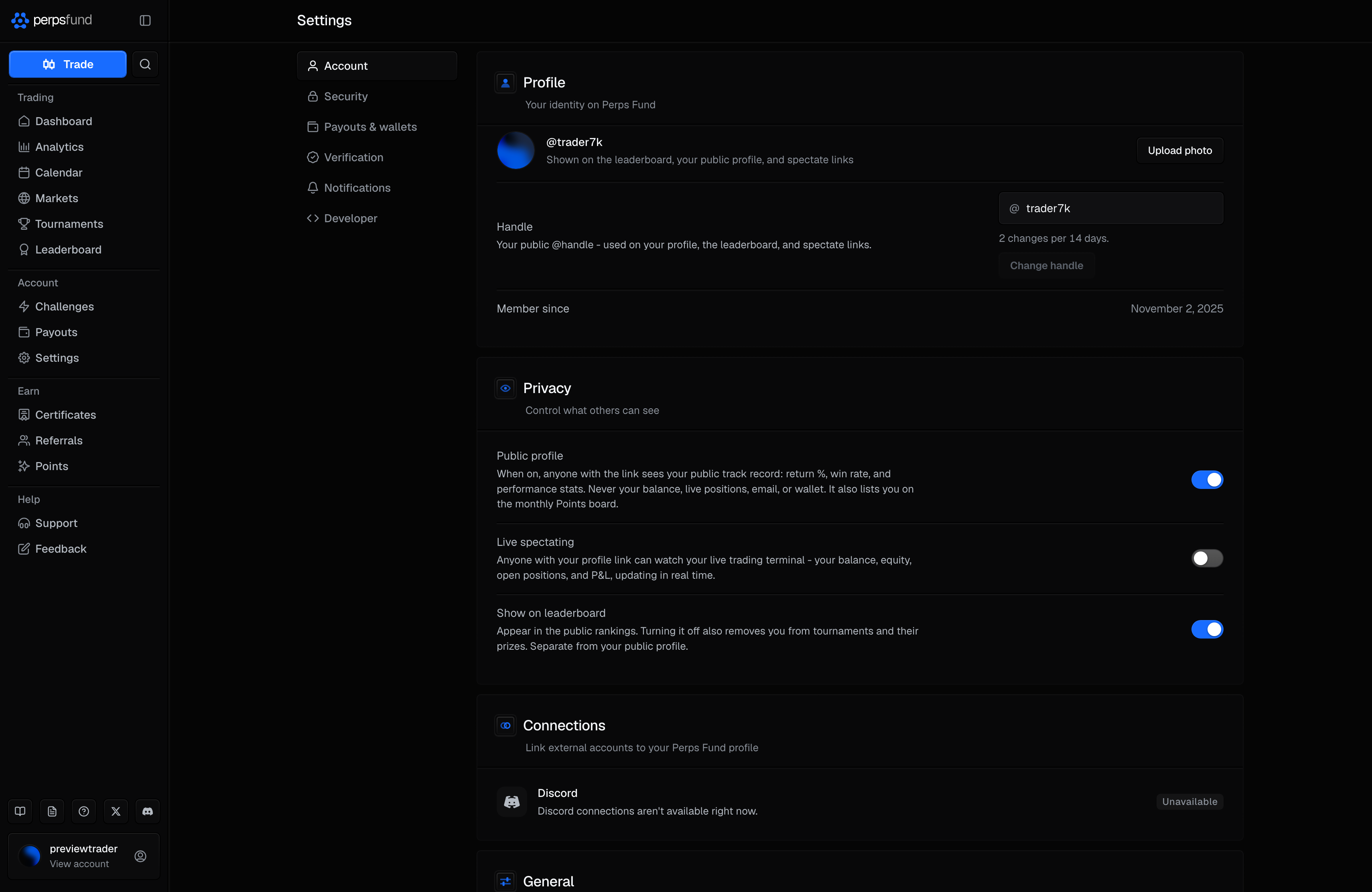 Settings on desktop, Account tab selected: the six tabs in the left rail (Account, Security, Payouts & wallets, Verification, Notifications, Developer) and the Profile and Privacy sections.