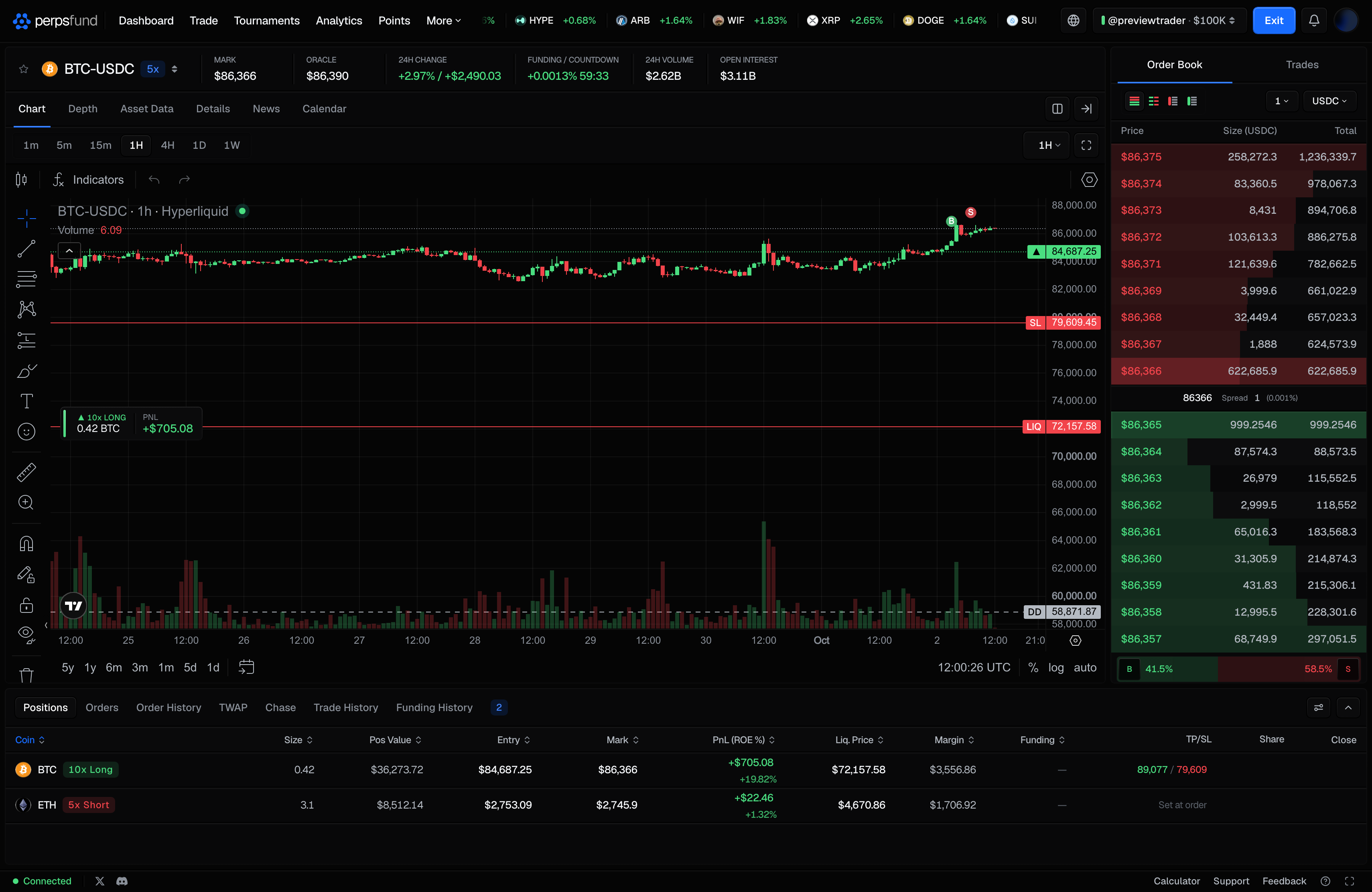 The spectator view on desktop: the trader's username and account size with its picker, and Exit, at the top; the chart; and the open positions below, with no order panel.