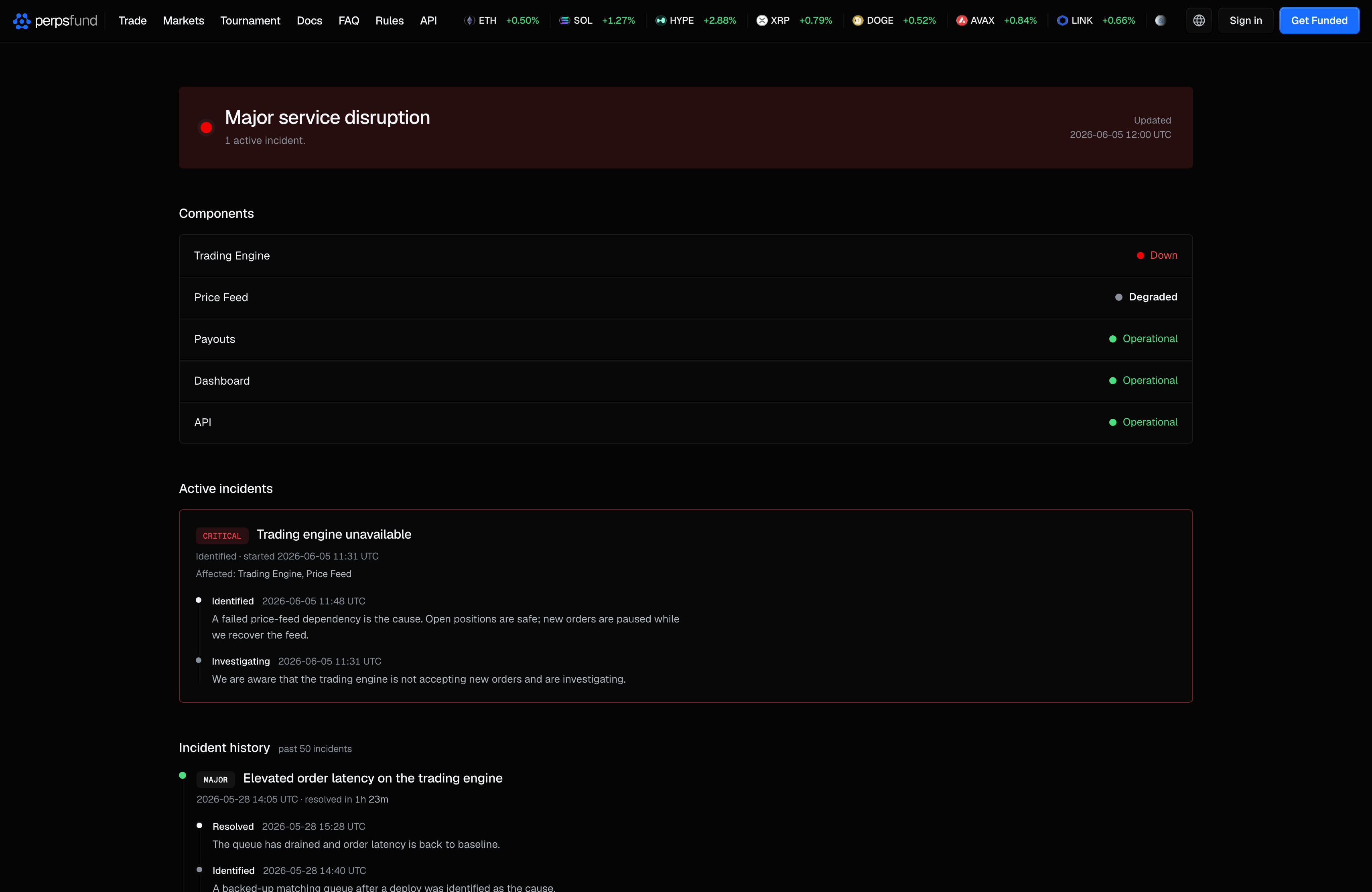 The Status page on desktop in its live-incident state: the red banner reading Major service disruption with its Updated time, the Components list with a Down and a Degraded service, and an active critical incident with its update thread.